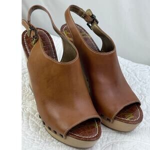 Sam Edelman Womens 10M Brown Camilla Studded Leather Wood Wedge Platform Sandals